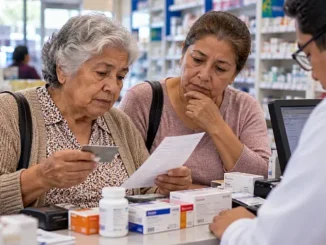 Adulta mayor y mujer de 60 a 64 años pagan medicamentos en una farmacia, reflejando cómo el gasto en salud presiona los apoyos del Bienestar.
