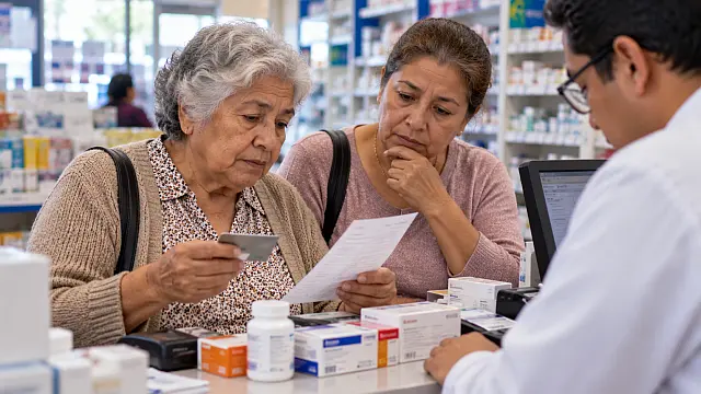 Adulta mayor y mujer de 60 a 64 años pagan medicamentos en una farmacia, reflejando cómo el gasto en salud presiona los apoyos del Bienestar.