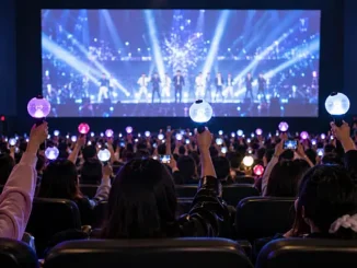 Seguidores del K-pop con lámparas luminosas durante una proyección musical en una sala de cine, imagen ilustrativa de HYBE Cine Fest 2026.