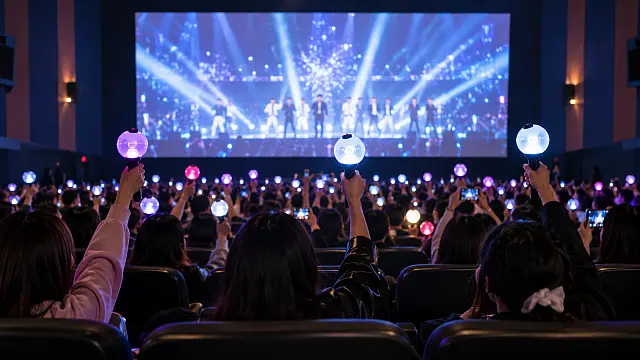 Seguidores del K-pop con lámparas luminosas durante una proyección musical en una sala de cine, imagen ilustrativa de HYBE Cine Fest 2026.