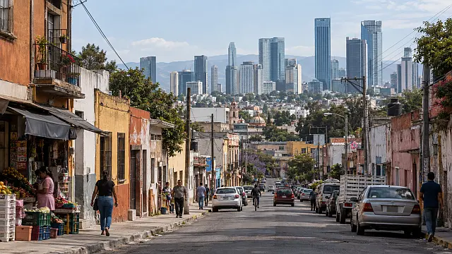 Calle de una zona popular de México, con viviendas deterioradas y pequeños comercios en primer plano y modernos rascacielos al fondo, reflejo de la desigualdad económica.