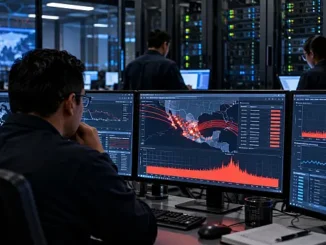 Centro de operaciones monitorea un ataque DDoS contra infraestructura digital en México.