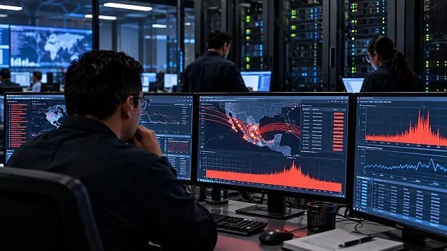 Centro de operaciones monitorea un ataque DDoS contra infraestructura digital en México.