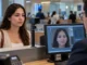 Cliente utiliza biometría facial en un banco para verificar su identidad ante una cámara.