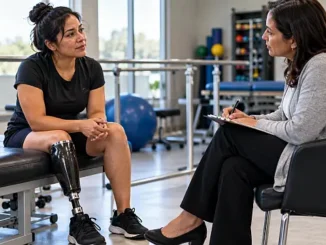 Mujer con prótesis en una pierna conversa con una psicóloga durante una sesión de acompañamiento emocional después de una amputación.