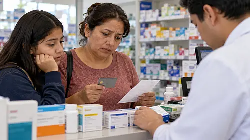 Madre y estudiante pagan medicamentos en una farmacia ante el gasto de salud que presiona los apoyos familiares.