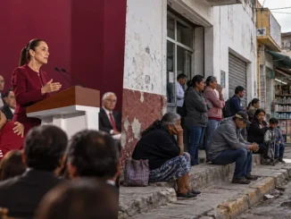 Imagen ilustrtativa generada con IA; Contraste entre discurso político de Morena y ciudadanos esperando atención en una calle mexicana, imagen del debate sobre el Humanismo Mexicano.
