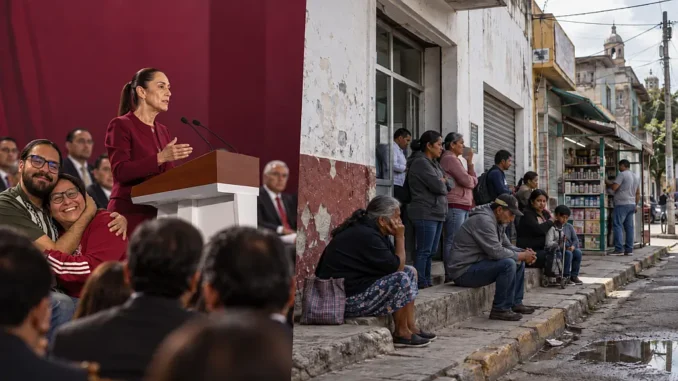 Imagen ilustrtativa generada con IA; Contraste entre discurso político de Morena y ciudadanos esperando atención en una calle mexicana, imagen del debate sobre el Humanismo Mexicano.