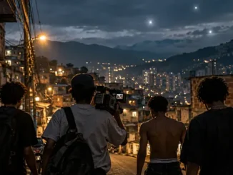 Cuatro jóvenes recorren un barrio de Medellín con una cámara mientras extrañas luces aparecen en el cielo, imagen inspirada en “Barrio Triste”.