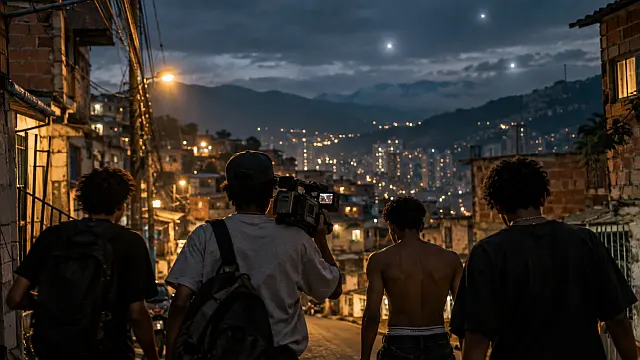 Cuatro jóvenes recorren un barrio de Medellín con una cámara mientras extrañas luces aparecen en el cielo, imagen inspirada en “Barrio Triste”.