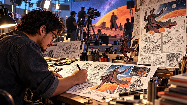 Ilustrador mexicano dibuja viñetas de ciencia ficción en un estudio cinematográfico, representación de la colaboración entre cómic y cine en Amarte.