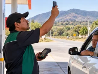 Despachador con terminal de pago electrónico en una gasolinera rural mexicana, ilustración de las dificultades de conectividad para cobrar combustible