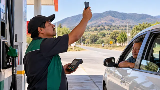 Despachador con terminal de pago electrónico en una gasolinera rural mexicana, ilustración de las dificultades de conectividad para cobrar combustible