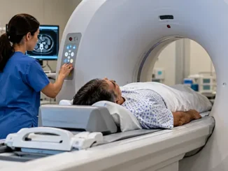 Paciente durante una tomografía abdominal, estudio cuyas imágenes permiten medir cambios en la grasa corporal asociados con el cáncer de páncreas.