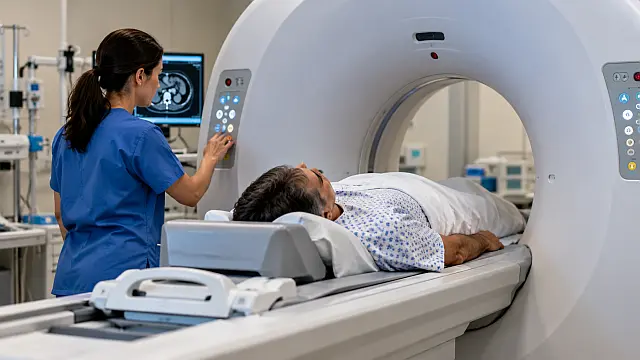 Paciente durante una tomografía abdominal, estudio cuyas imágenes permiten medir cambios en la grasa corporal asociados con el cáncer de páncreas.