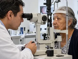 Oftalmóloga examina la vista de una mujer adulta mayor durante una consulta médica, imagen sobre la prevención de la pérdida de visión en México.