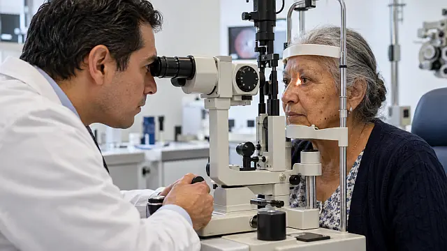 Oftalmóloga examina la vista de una mujer adulta mayor durante una consulta médica, imagen sobre la prevención de la pérdida de visión en México.