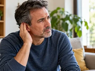 Persona adulta con una mano cerca del oído, que representa las molestias del tinnitus o zumbido persistente en los oídos.