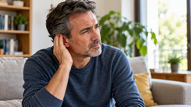 Persona adulta con una mano cerca del oído, que representa las molestias del tinnitus o zumbido persistente en los oídos.