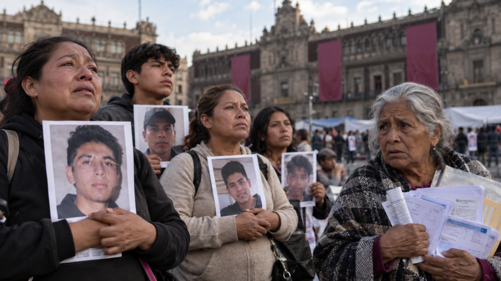 magen ilustrativa generada con inteligencia artificial: madres buscadoras sostienen fotografías de personas desaparecidas frente a un edificio gubernamental en México, mientras una mujer mayor muestra documentos médicos.