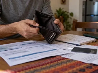Manos sostienen una cartera casi vacía junto a estados de cuenta y una tarjeta bancaria, en una escena que ilustra pérdida de dinero por una inversión riesgosa.