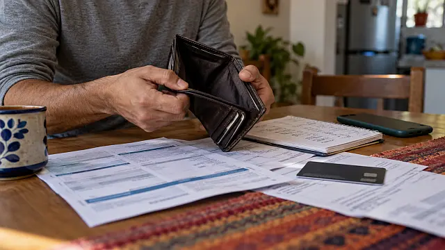 Manos sostienen una cartera casi vacía junto a estados de cuenta y una tarjeta bancaria, en una escena que ilustra pérdida de dinero por una inversión riesgosa.
