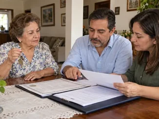 Padre revisa con sus hijos documentos y opciones para dejar una casa como herencia en México.