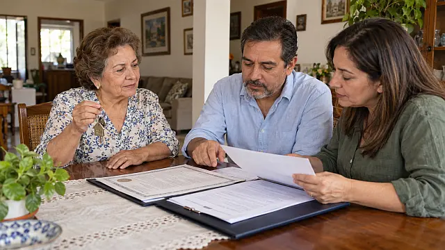 Padre revisa con sus hijos documentos y opciones para dejar una casa como herencia en México.