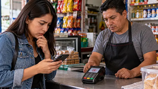 Cliente y comerciante revisan una terminal bancaria tras una falla al intentar realizar un pago digital en una tienda mexicana.