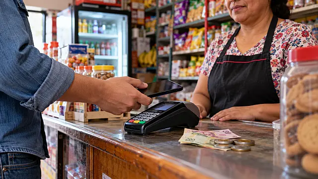 Cliente realiza un pago electrónico en una tienda de abarrotes mexicana donde también se utiliza efectivo.