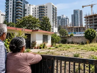Pareja observa su casa pequeña y terreno amplio frente a nuevos edificios en el Valle de México, donde un proyecto propone subastas de predios subutilizados.