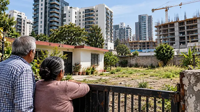 Pareja observa su casa pequeña y terreno amplio frente a nuevos edificios en el Valle de México, donde un proyecto propone subastas de predios subutilizados.