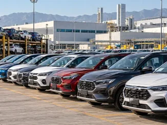 Patio de distribución de automóviles nuevos en México, con vehículos compactos y SUV frente a instalaciones industriales del sector automotriz.