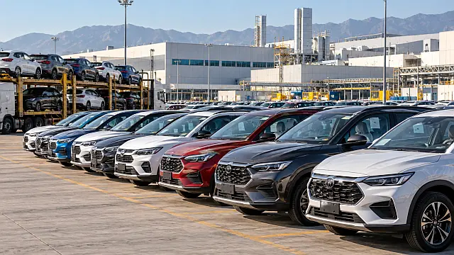 Patio de distribución de automóviles nuevos en México, con vehículos compactos y SUV frente a instalaciones industriales del sector automotriz.
