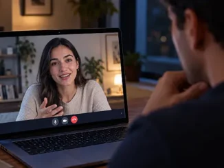Persona conversa por videollamada con una inteligencia artificial de apariencia humana en una computadora.