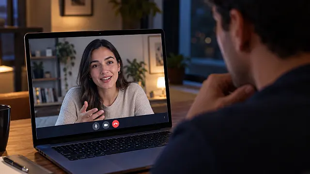 Persona conversa por videollamada con una inteligencia artificial de apariencia humana en una computadora.