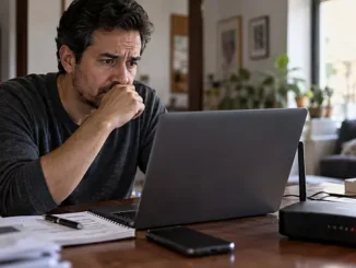 Persona preocupada frente a una computadora y un módem de internet, imagen sobre la Ley Antimemes, el riesgo de desconexión y la censura digital en México