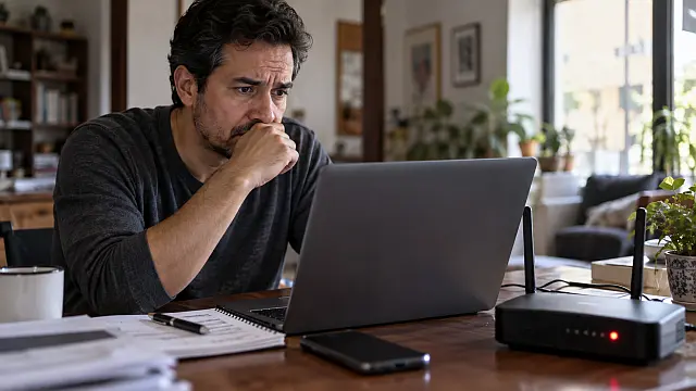 Persona preocupada frente a una computadora y un módem de internet, imagen sobre la Ley Antimemes, el riesgo de desconexión y la censura digital en México