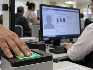 Persona registra sus huellas dactilares para la CURP biométrica en un módulo de atención en México.