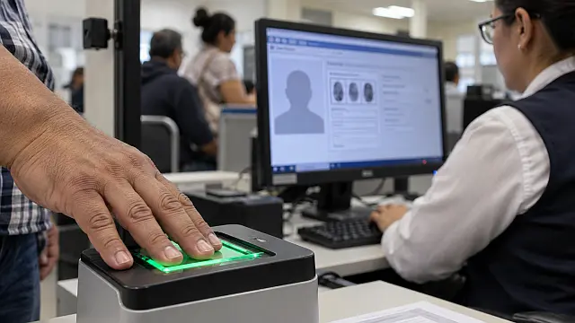 Persona registra sus huellas dactilares para la CURP biométrica en un módulo de atención en México.