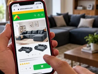 Teléfono muestra una tienda en línea con una sala modular ofrecida a un precio inusualmente bajo
