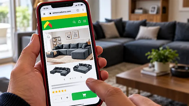 Teléfono muestra una tienda en línea con una sala modular ofrecida a un precio inusualmente bajo
