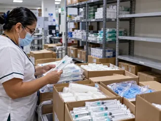 Trabajadora revisa material de curación en el almacén de un hospital público durante el proceso de abasto de insumos médicos