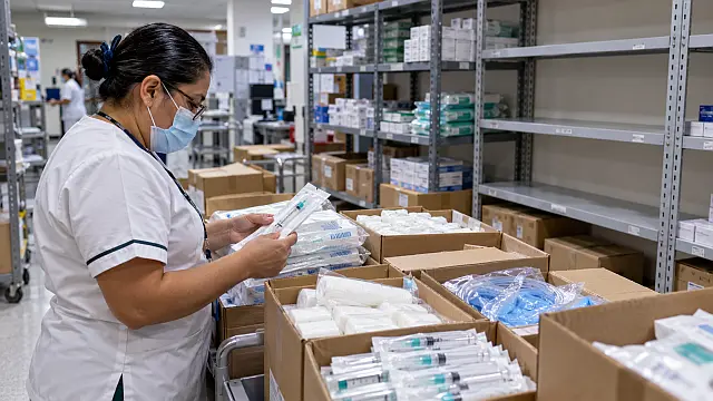 Trabajadora revisa material de curación en el almacén de un hospital público durante el proceso de abasto de insumos médicos